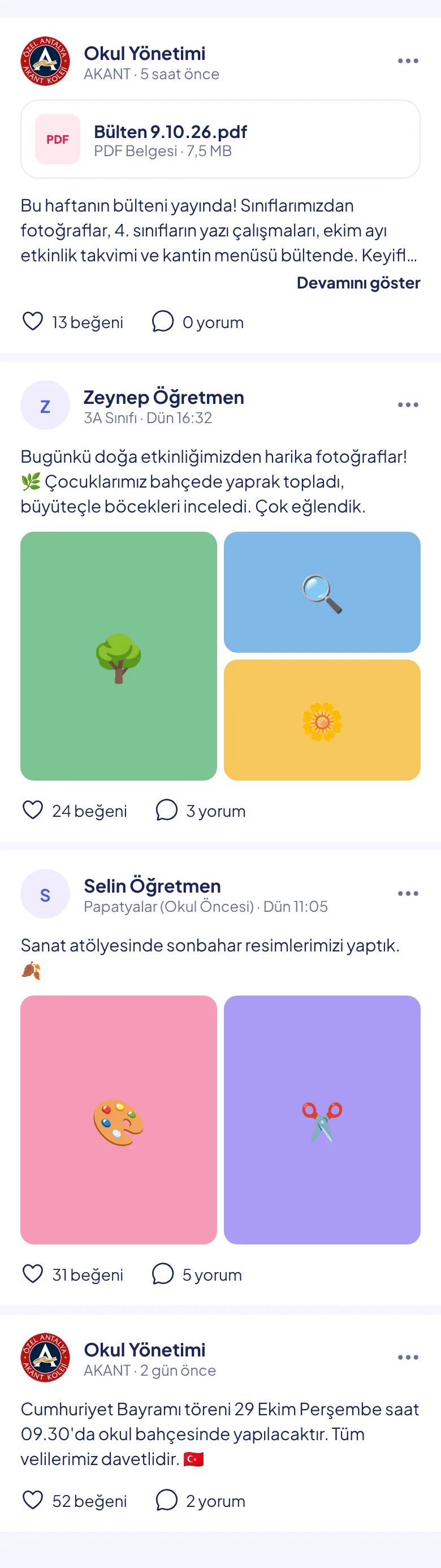 Orbit akışı: okul bülteni, sınıf fotoğrafları ve duyurular