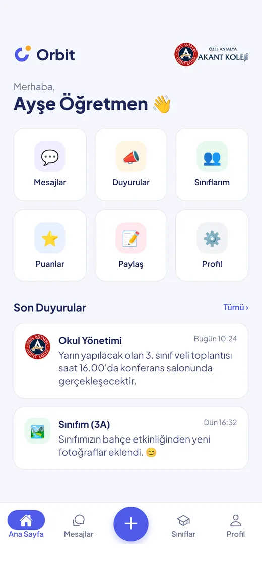 Orbit öğretmen ana ekranı: kısayollar ve son duyurular